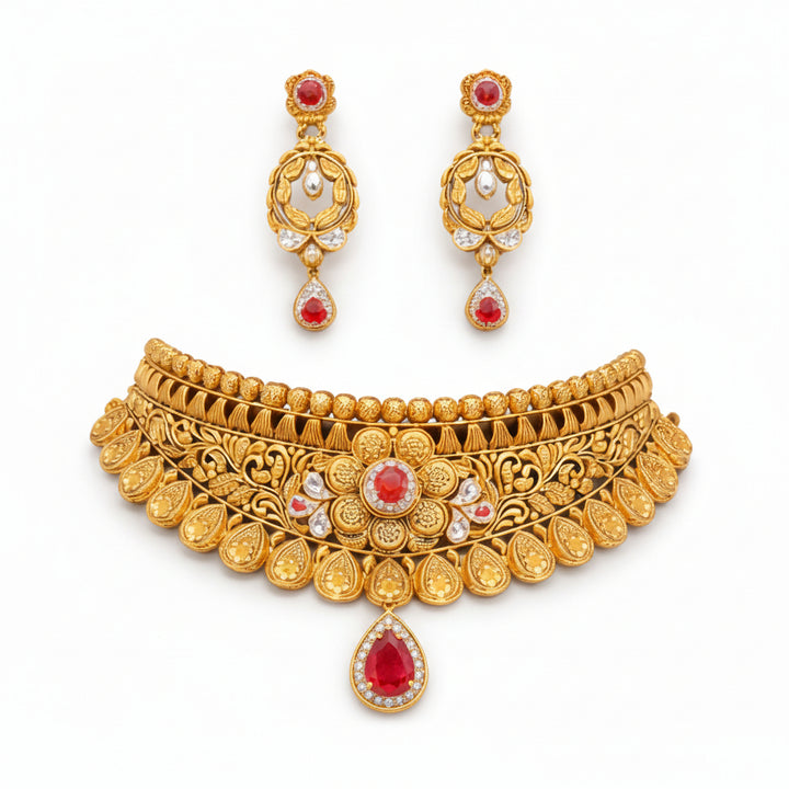 Antique Gold Temple Choker Necklace Set with Ruby Accents