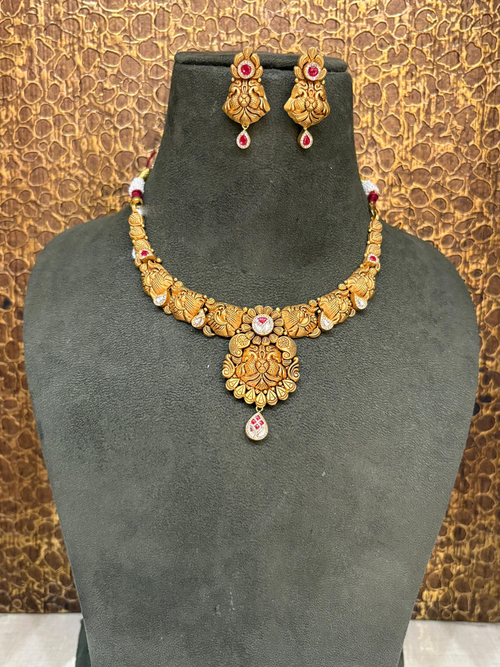 22Kt Gold Antique Lakshmi Peacock Temple Choker Necklace Set with Ruby & Polki