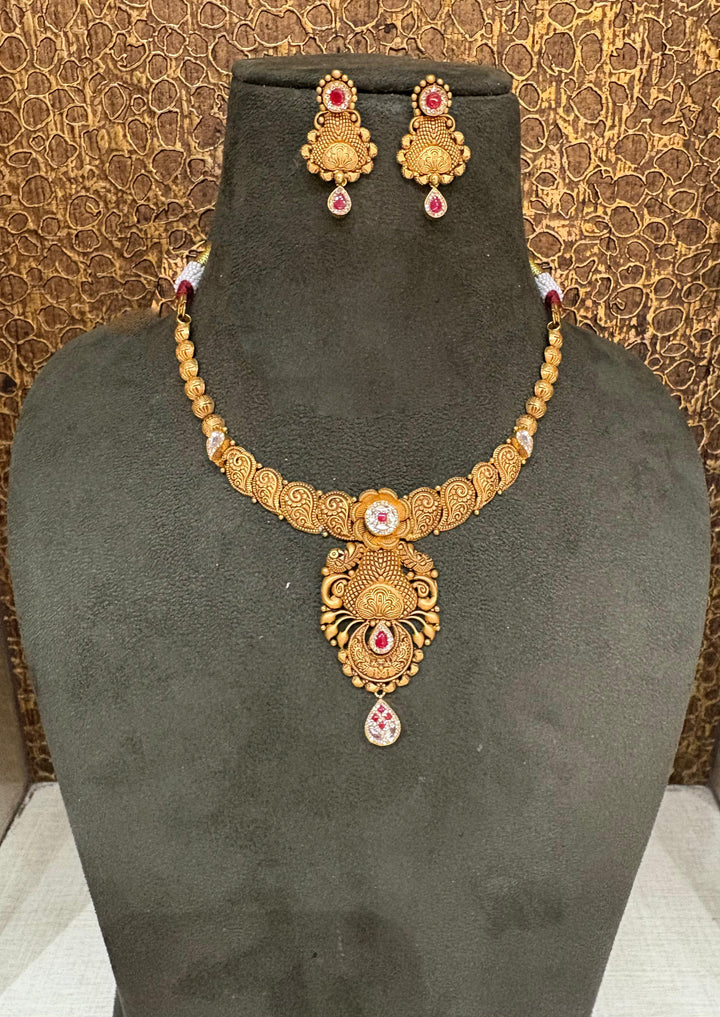 22Kt Gold Antique Peacock Floral Necklace Set with Ruby & Polki Drop