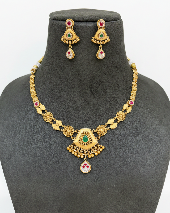 Antique Coin Chain Necklace Set on Velvet Bust