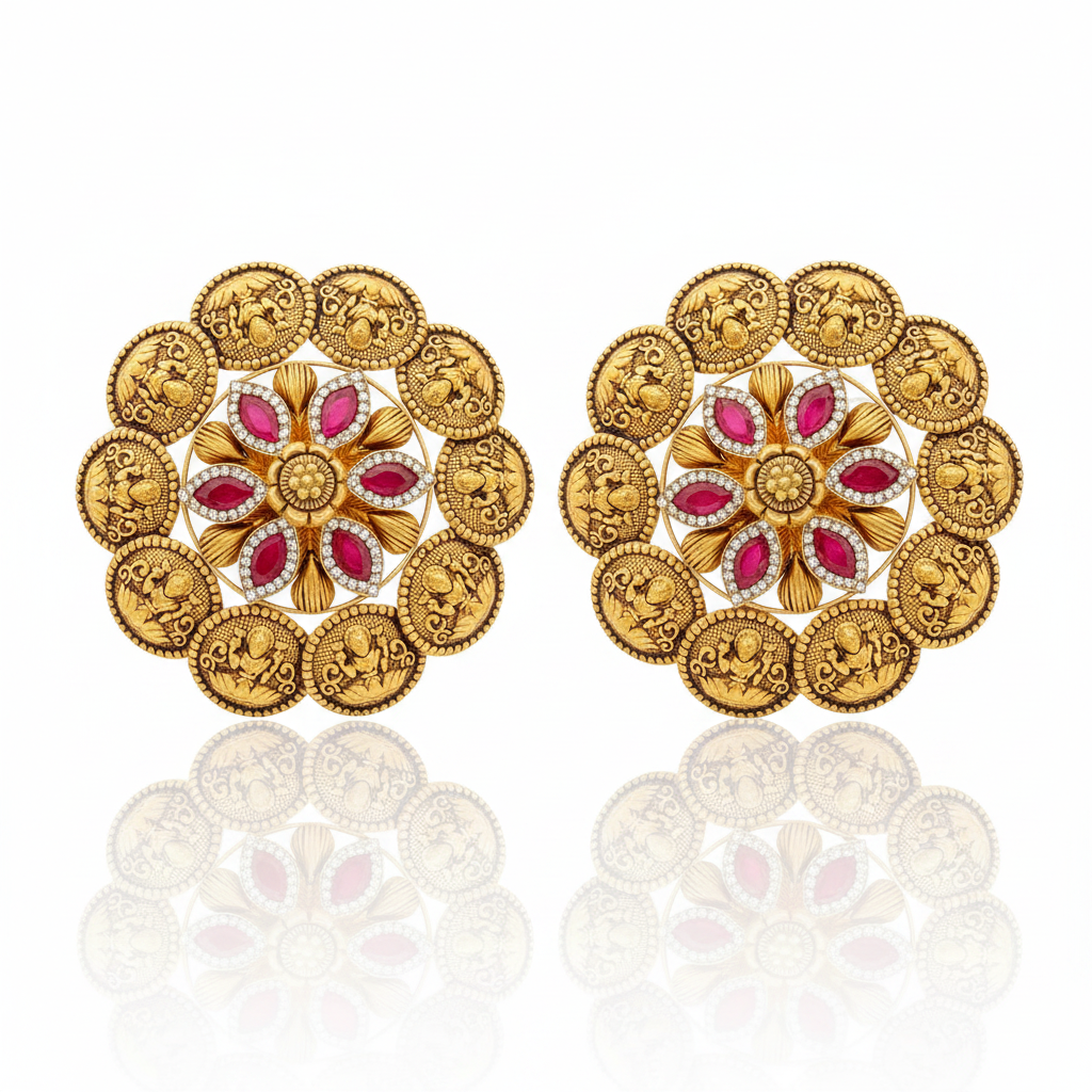 Antique Coin Cluster Floral Tops Pair with Reflection