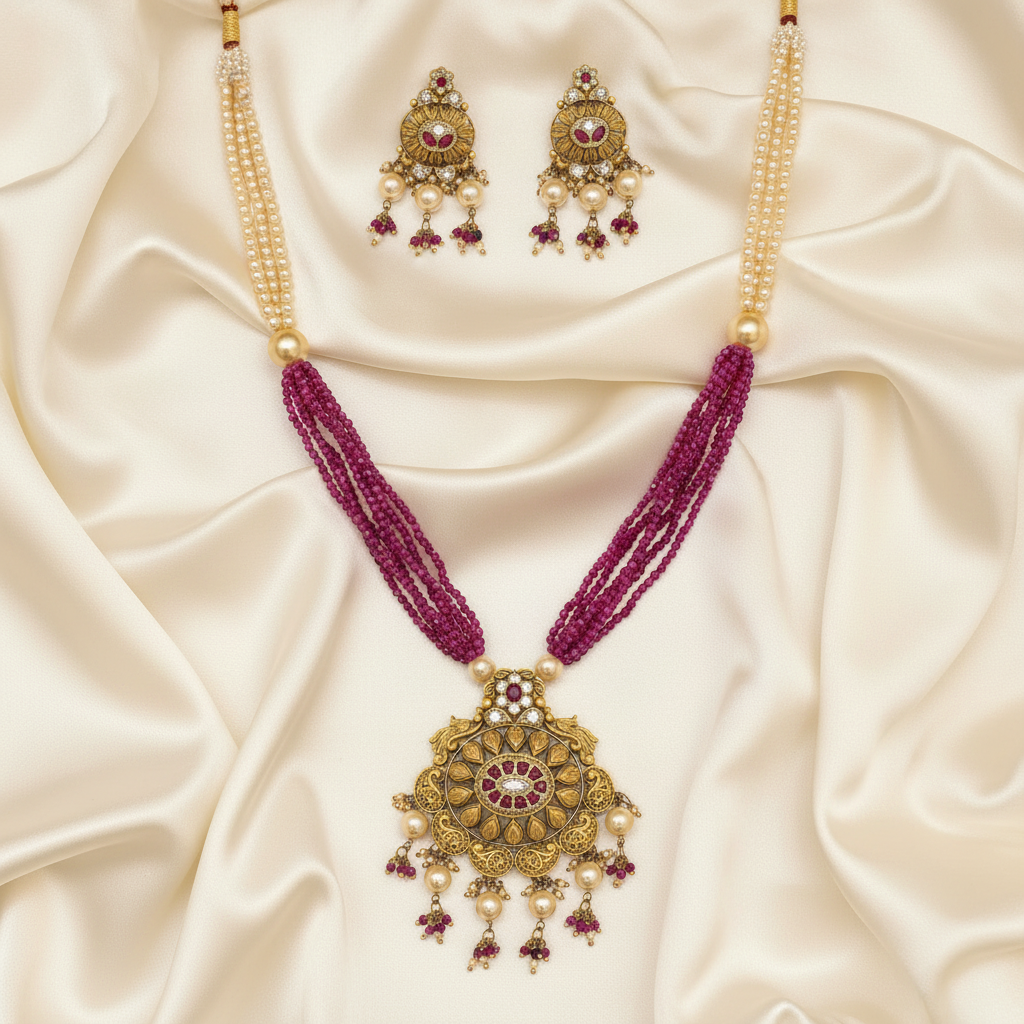 Antique Filigree Paisley Necklace Set Flat Lay