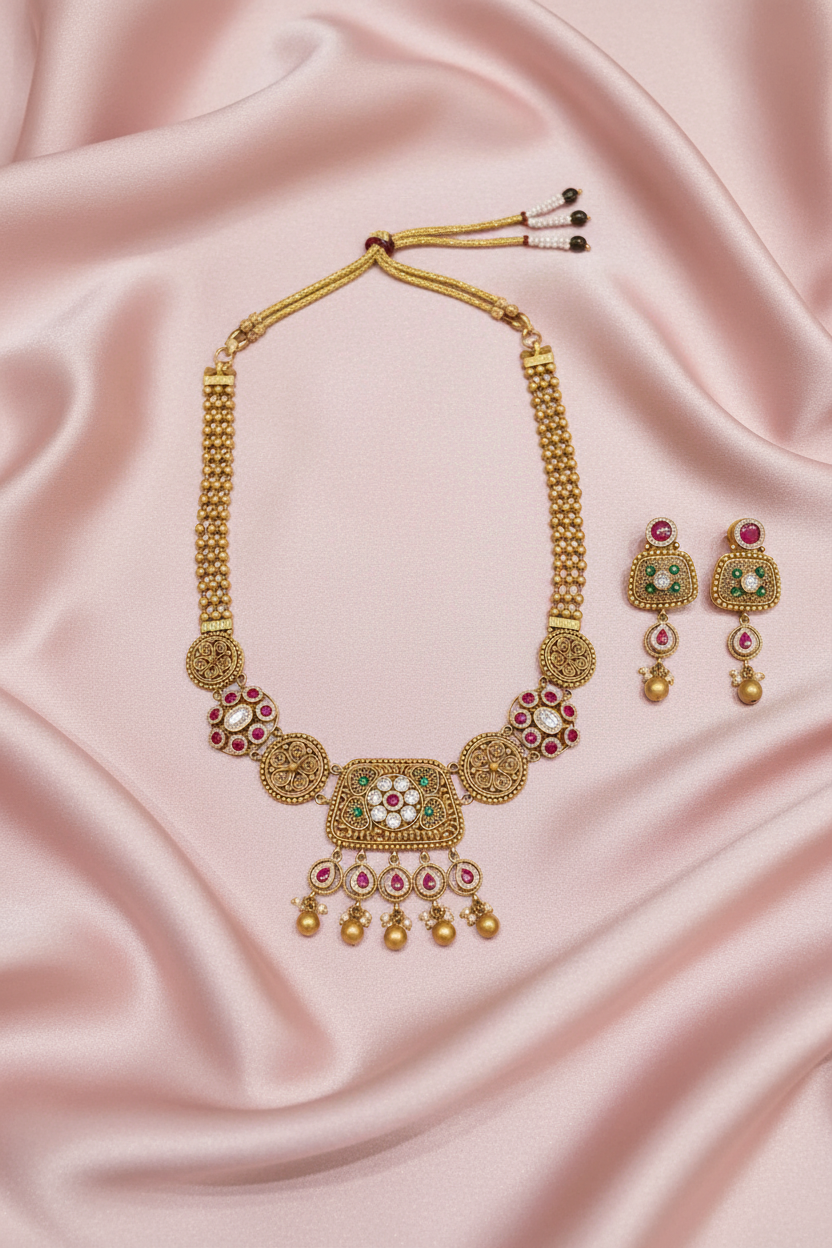Antique Gold Polki Necklace Set Flat Lay