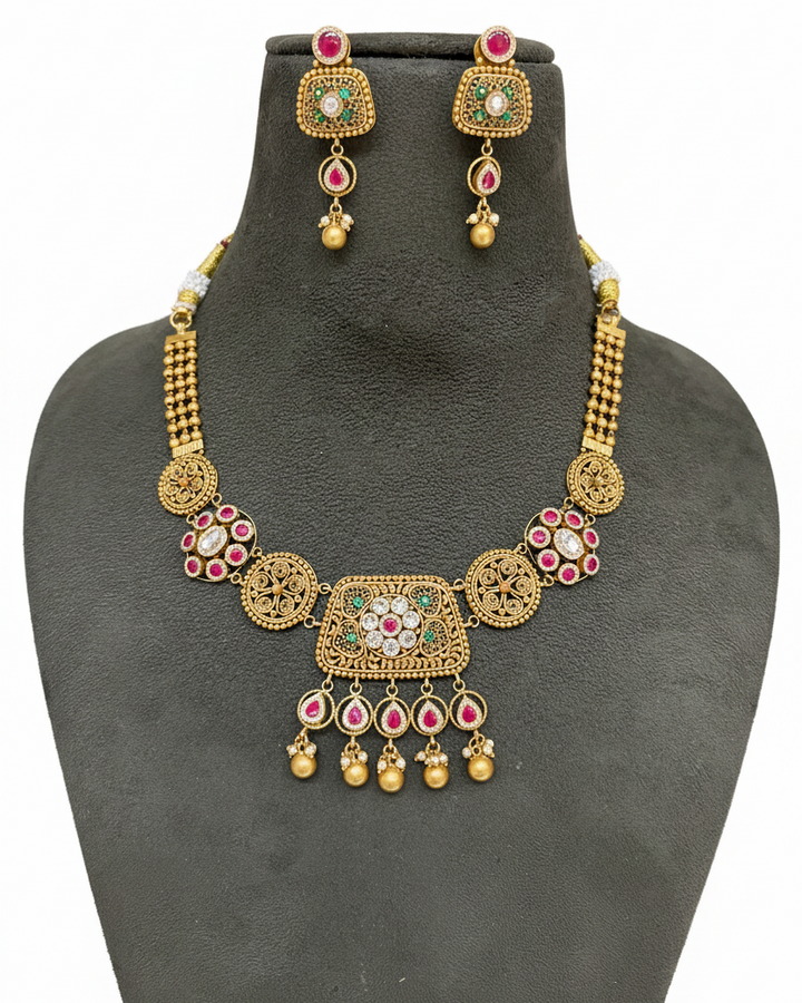 Antique Gold Polki Necklace Set on Velvet Bust