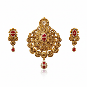 Antique Gold Red Stone Pendant Set - White Background