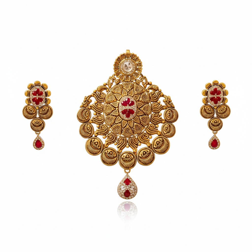 Antique Gold Red Stone Pendant Set - White Background