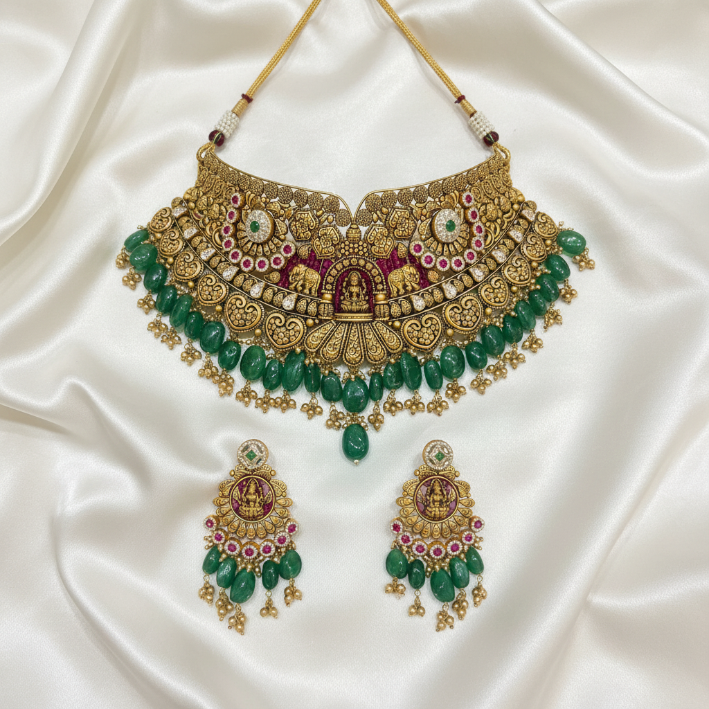 Antique Lakshmi Elephant Grand Choker Set Flat Lay