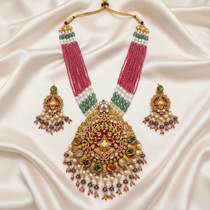 Antique Lakshmi Meenakari Grand Necklace Set Flat Lay