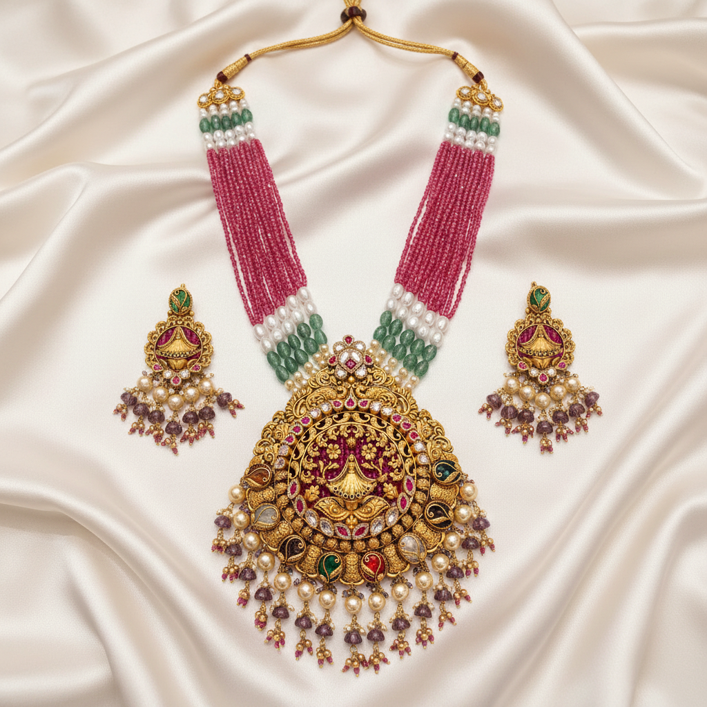 Antique Lakshmi Meenakari Grand Necklace Set Flat Lay