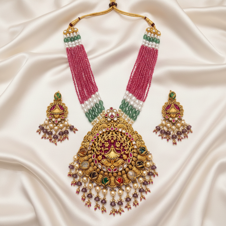 Antique Lakshmi Meenakari Grand Necklace Set Flat Lay