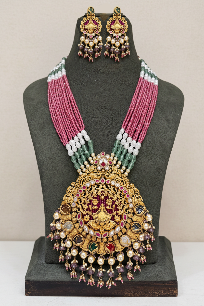 22Kt Gold Antique Lakshmi Meenakari Grand Necklace Set with Ruby-Pearl-Emerald Beads & Amethyst Drops