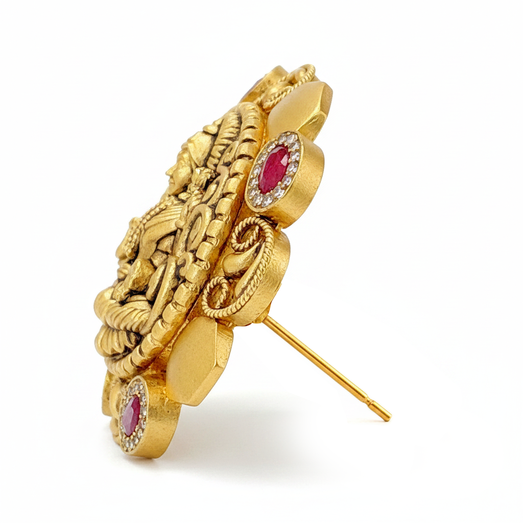22Kt Gold Antique Lakshmi Scroll Temple Tops with Ruby Cabochons & Hexagonal Lobes