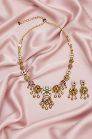 Antique Meenakari Floral Disc Necklace Set Flat Lay