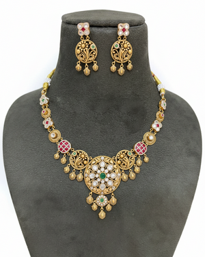 Antique Meenakari Floral Disc Necklace Set on Velvet Bust