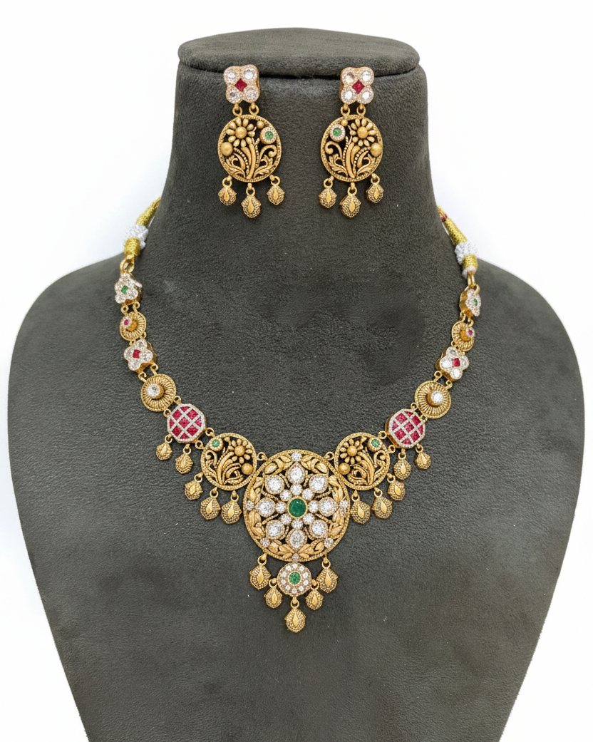 Antique Meenakari Floral Disc Necklace Set on Velvet Bust