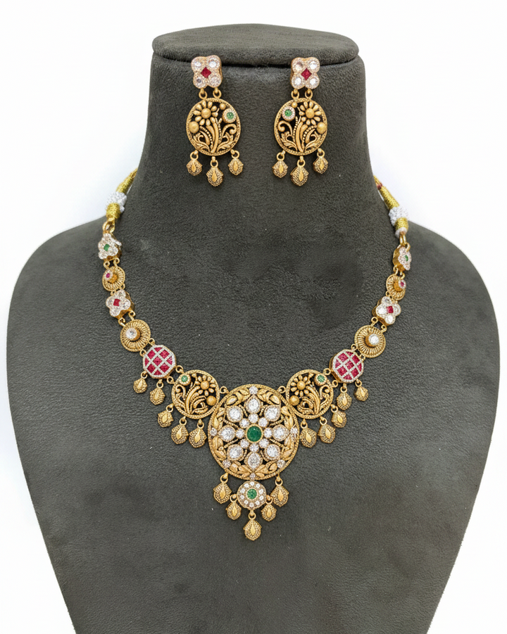 Antique Meenakari Floral Disc Necklace Set on Velvet Bust