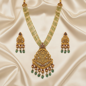 Antique Peacock Fan Necklace Set Flat Lay