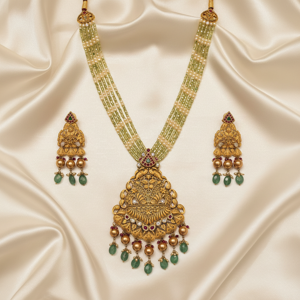 Antique Peacock Fan Necklace Set Flat Lay