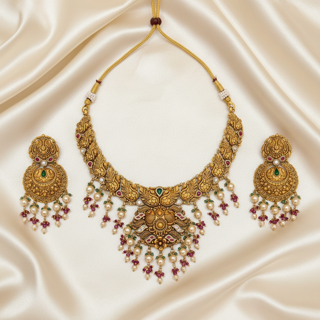 Antique Peacock Floral Grand Choker Set Flat Lay