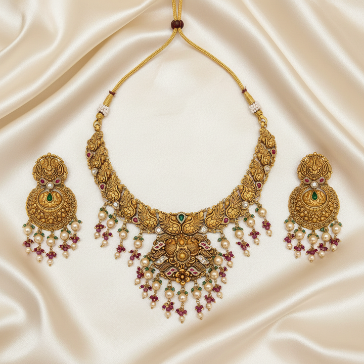 Antique Peacock Floral Grand Choker Set Flat Lay