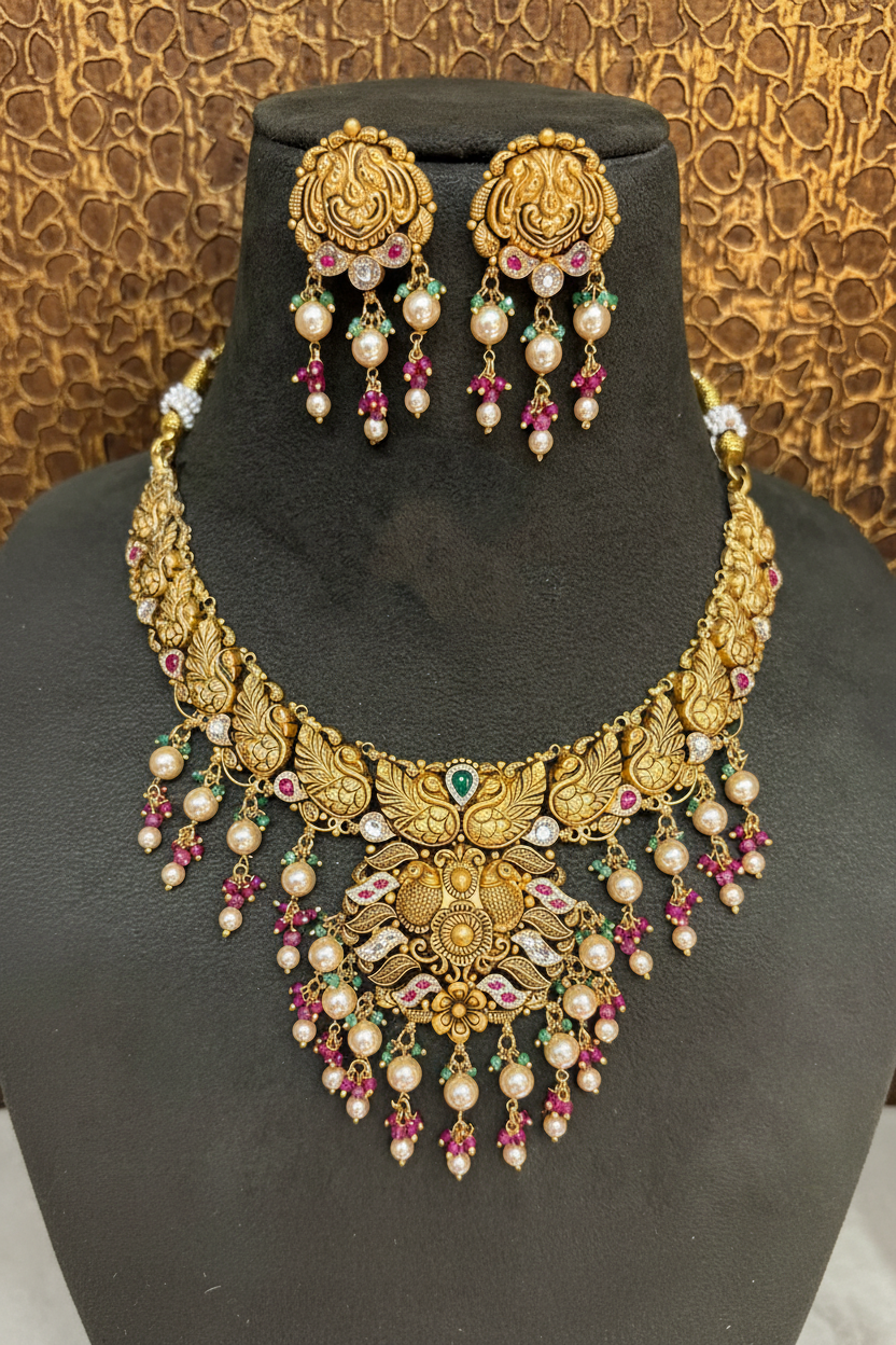 Antique Peacock Floral Grand Choker Set on Bust