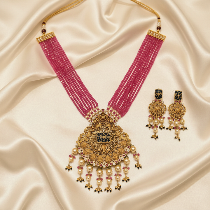 Antique Peacock Meenakari Grand Necklace Set Flat Lay