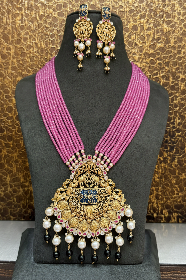 Antique Peacock Meenakari Grand Necklace Set on Bust
