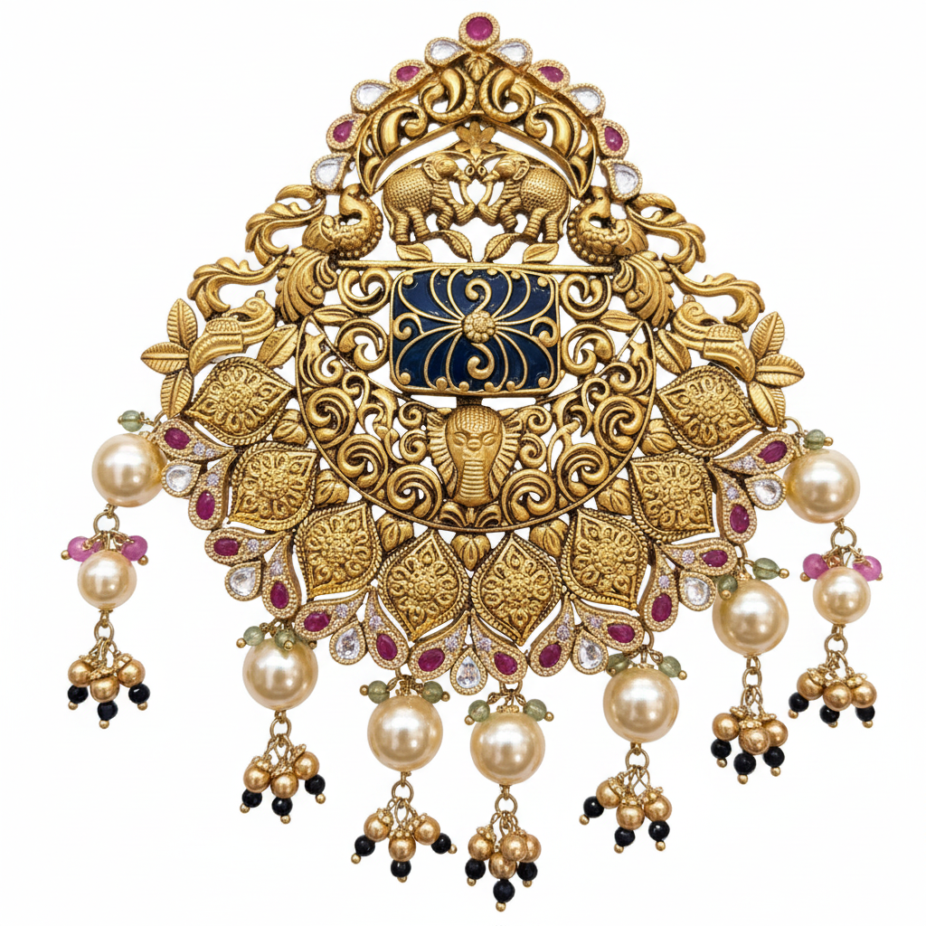 Antique Peacock Meenakari Grand Pendant Close-up