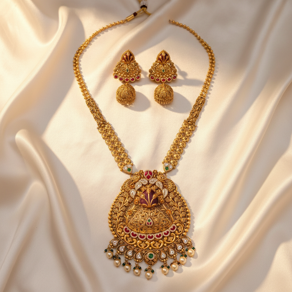 Antique Peacock Meenakari Long Necklace Set Flat Lay