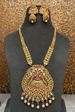 Antique Peacock Meenakari Long Necklace Set on Bust
