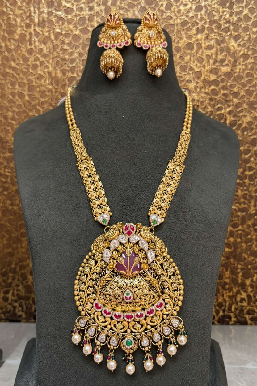 Antique Peacock Meenakari Long Necklace Set on Bust