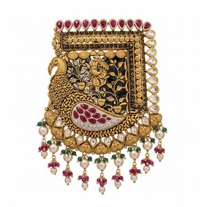 Antique Peacock Meenakari Square Pendant Close-up