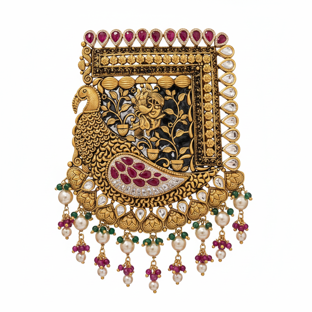 Antique Peacock Meenakari Square Pendant Close-up