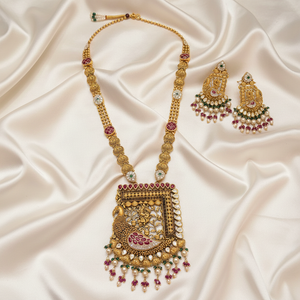 Antique Peacock Meenakari Square Pendant Long Necklace Set Flat Lay