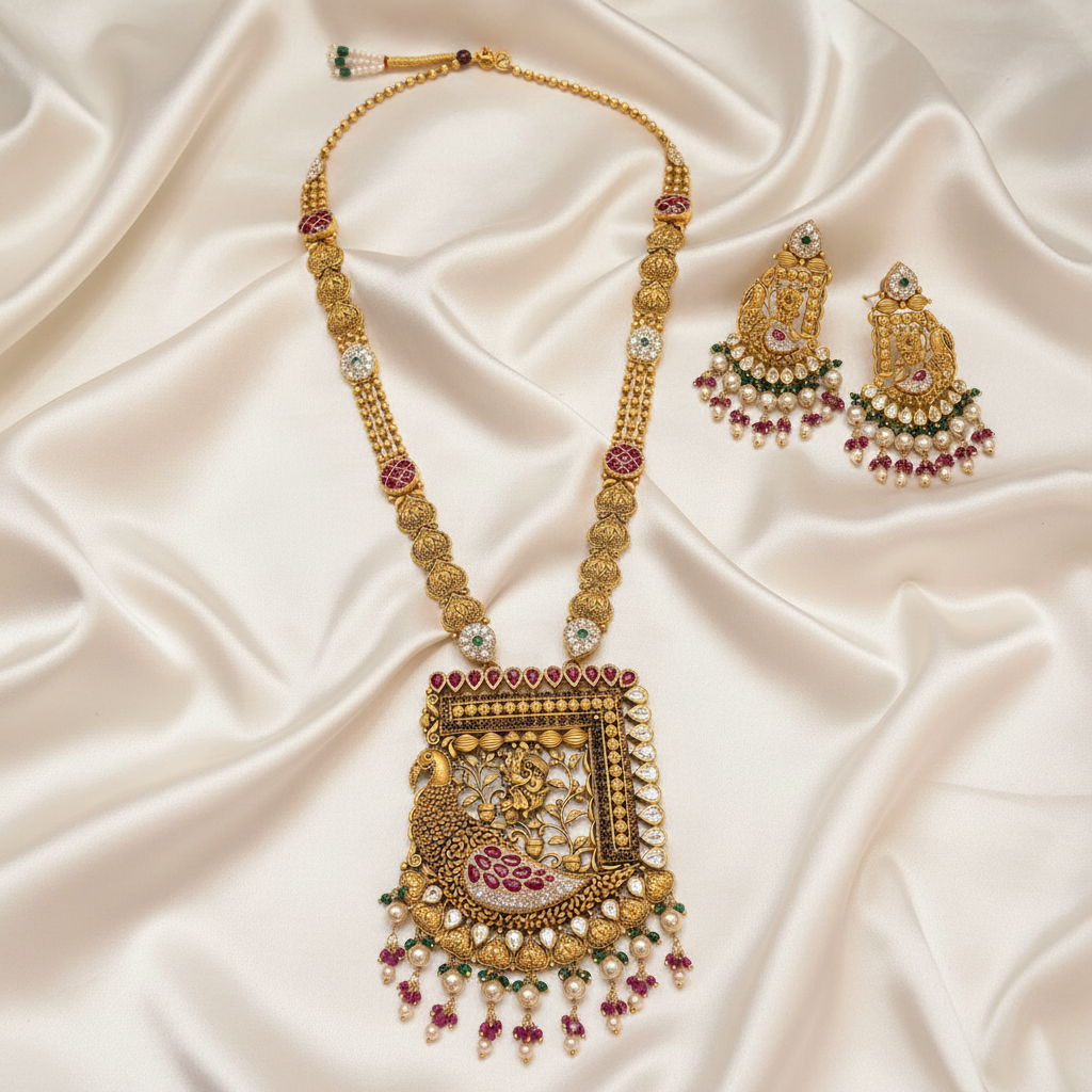 Antique Peacock Meenakari Square Pendant Long Necklace Set Flat Lay