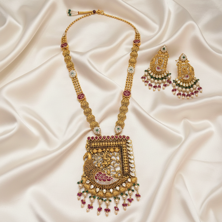 Antique Peacock Meenakari Square Pendant Long Necklace Set Flat Lay