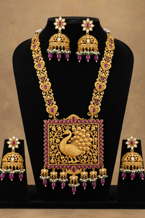 Antique Peacock Meenakari Square Pendant Long Necklace Set on Bust