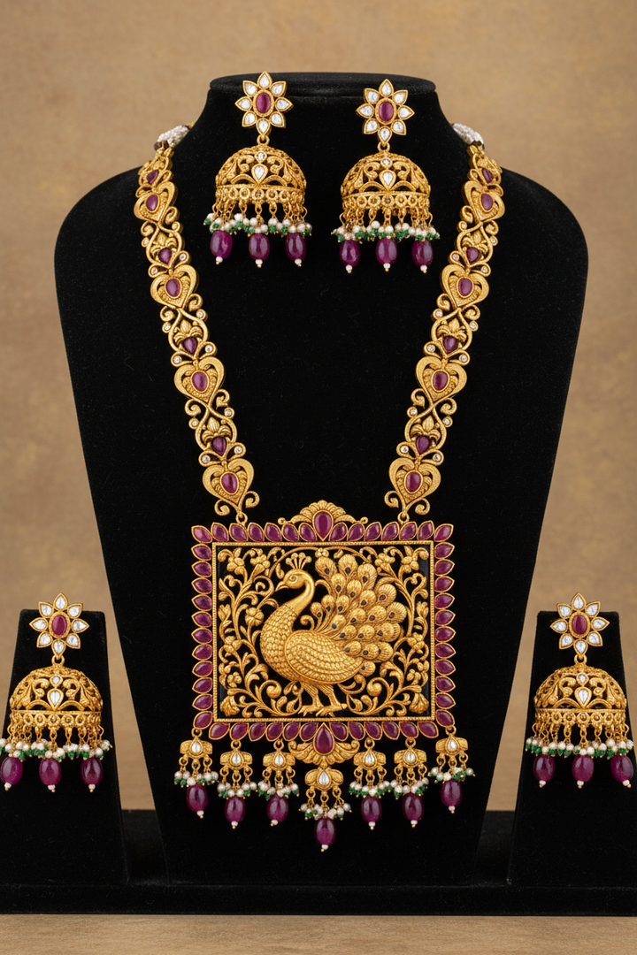 Antique Peacock Meenakari Square Pendant Long Necklace Set on Bust