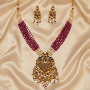 Antique Peacock Scroll Grand Necklace Set Flat Lay