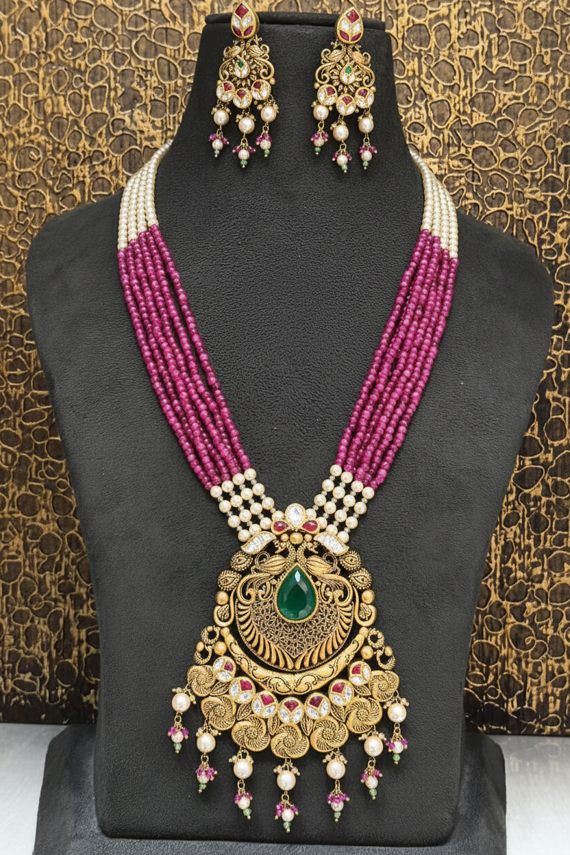 Antique Peacock Scroll Grand Necklace Set on Bust