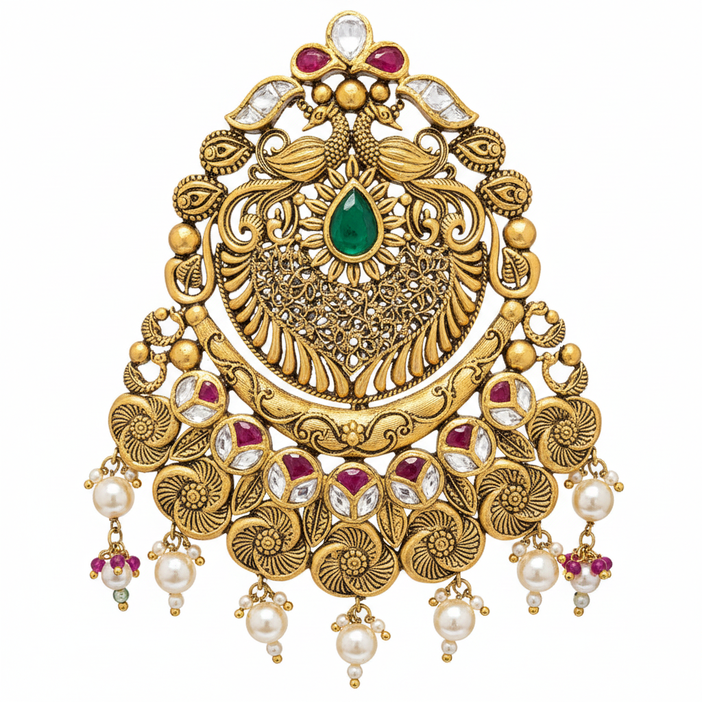 Antique Peacock Scroll Grand Pendant Close-up