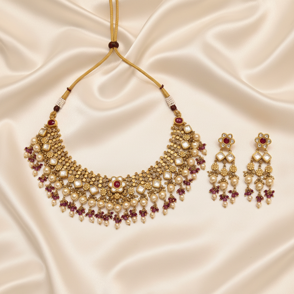 Antique Polki Kundan Guttapusalu Choker Set Flat Lay
