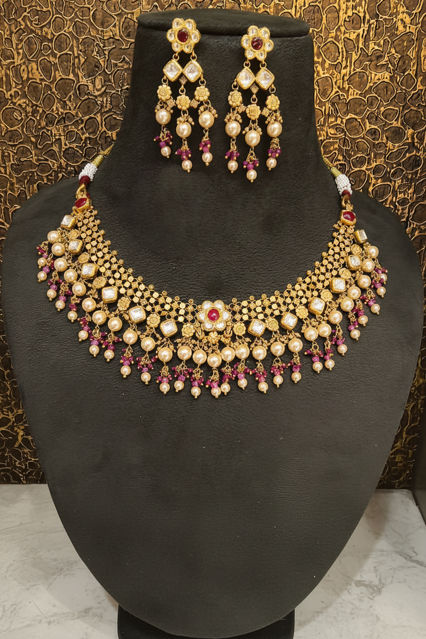 Antique Polki Kundan Guttapusalu Choker Set on Bust