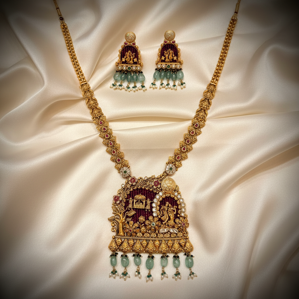 Antique Radha Krishna Temple Long Necklace Set Flat Lay