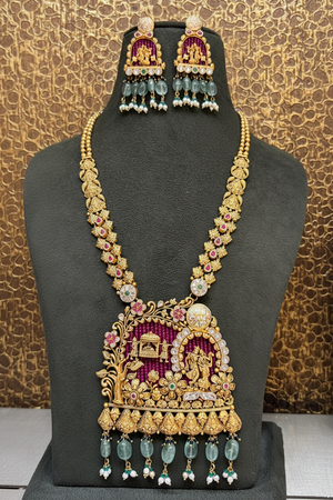 Antique Radha Krishna Temple Long Necklace Set on Bust - Regenerated