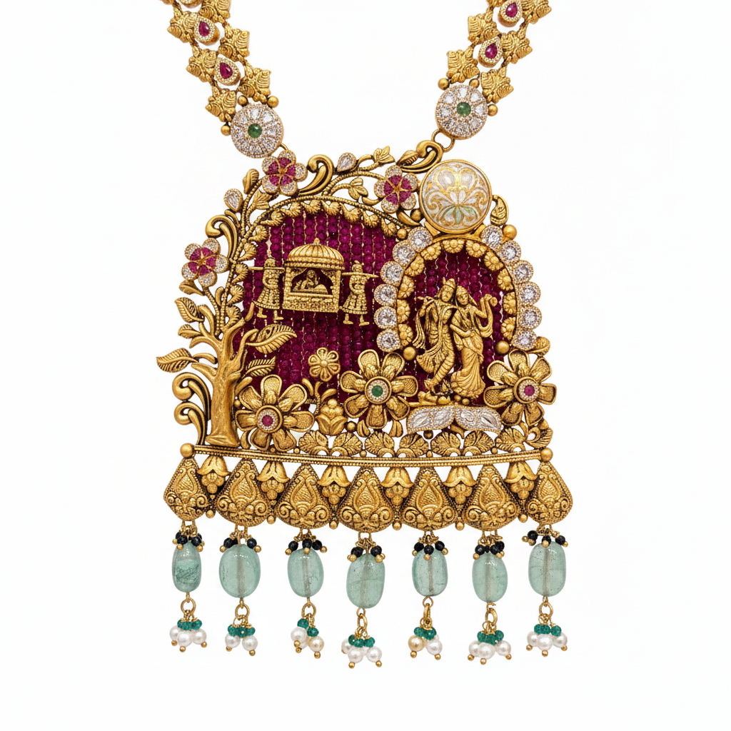 Antique Radha Krishna Temple Pendant Close-up