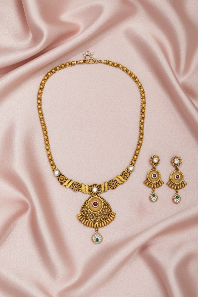 Antique Sunburst Necklace Set Flat Lay on Pink Satin