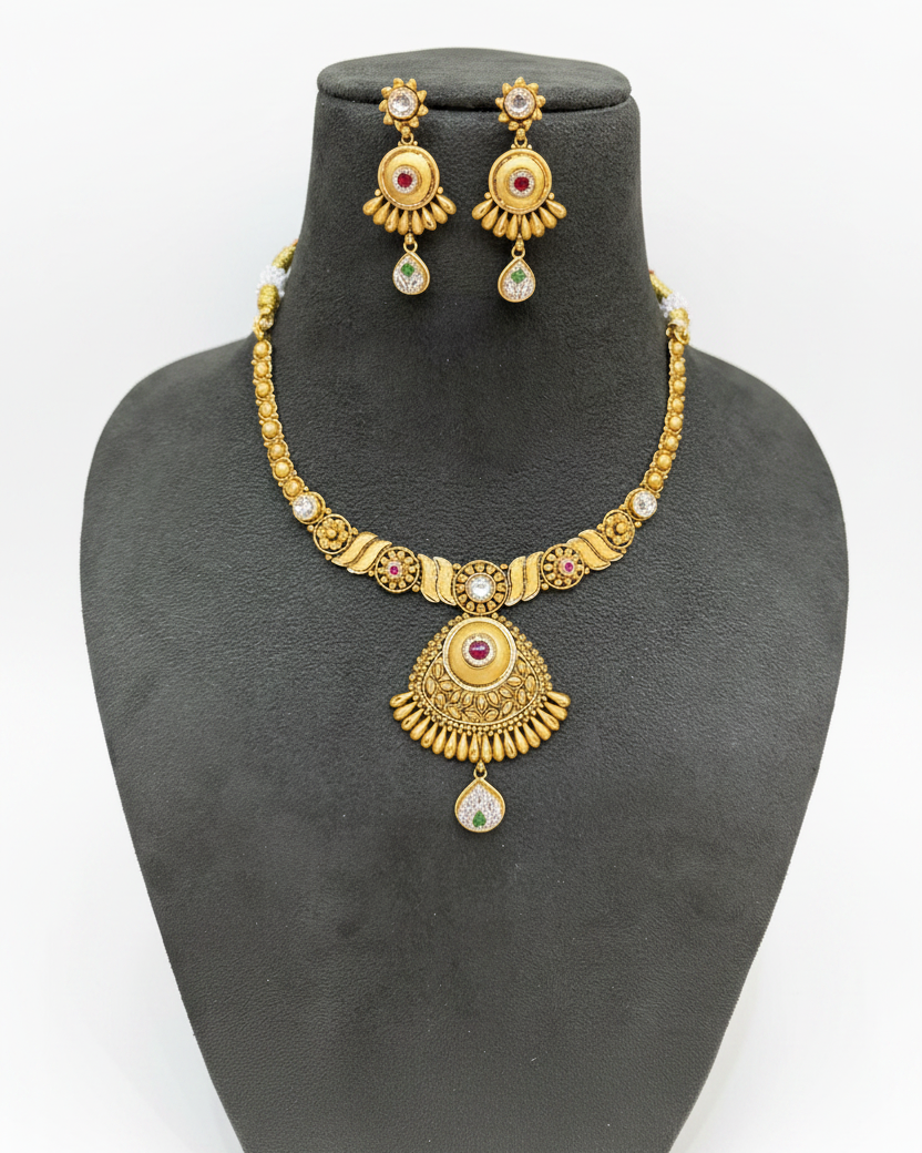 Antique Sunburst Necklace Set on Velvet Bust
