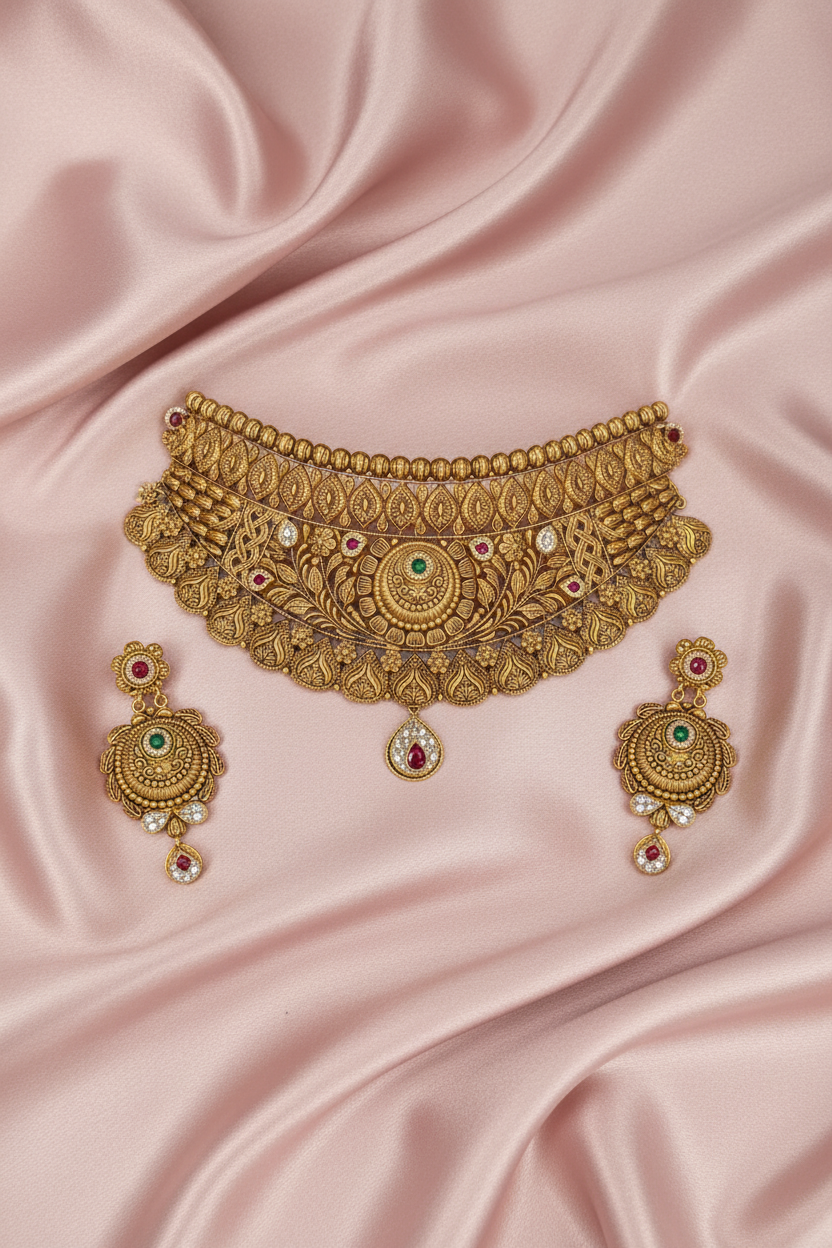 Broad Rajwadi Multi-Layer Choker on Pink Satin