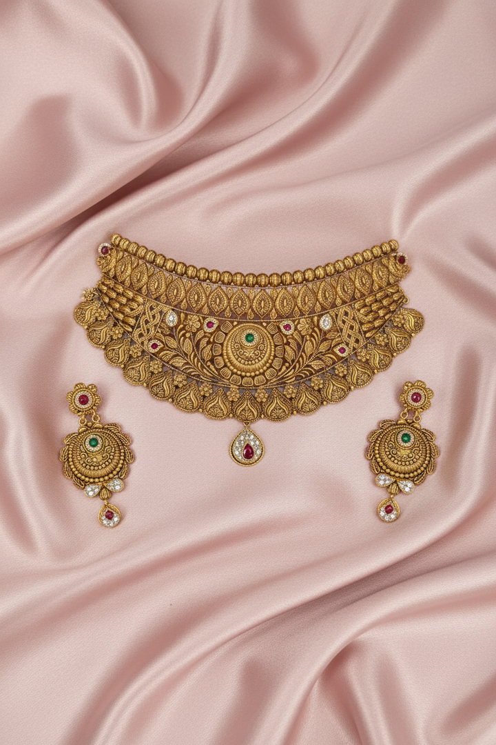 Broad Rajwadi Multi-Layer Choker on Pink Satin